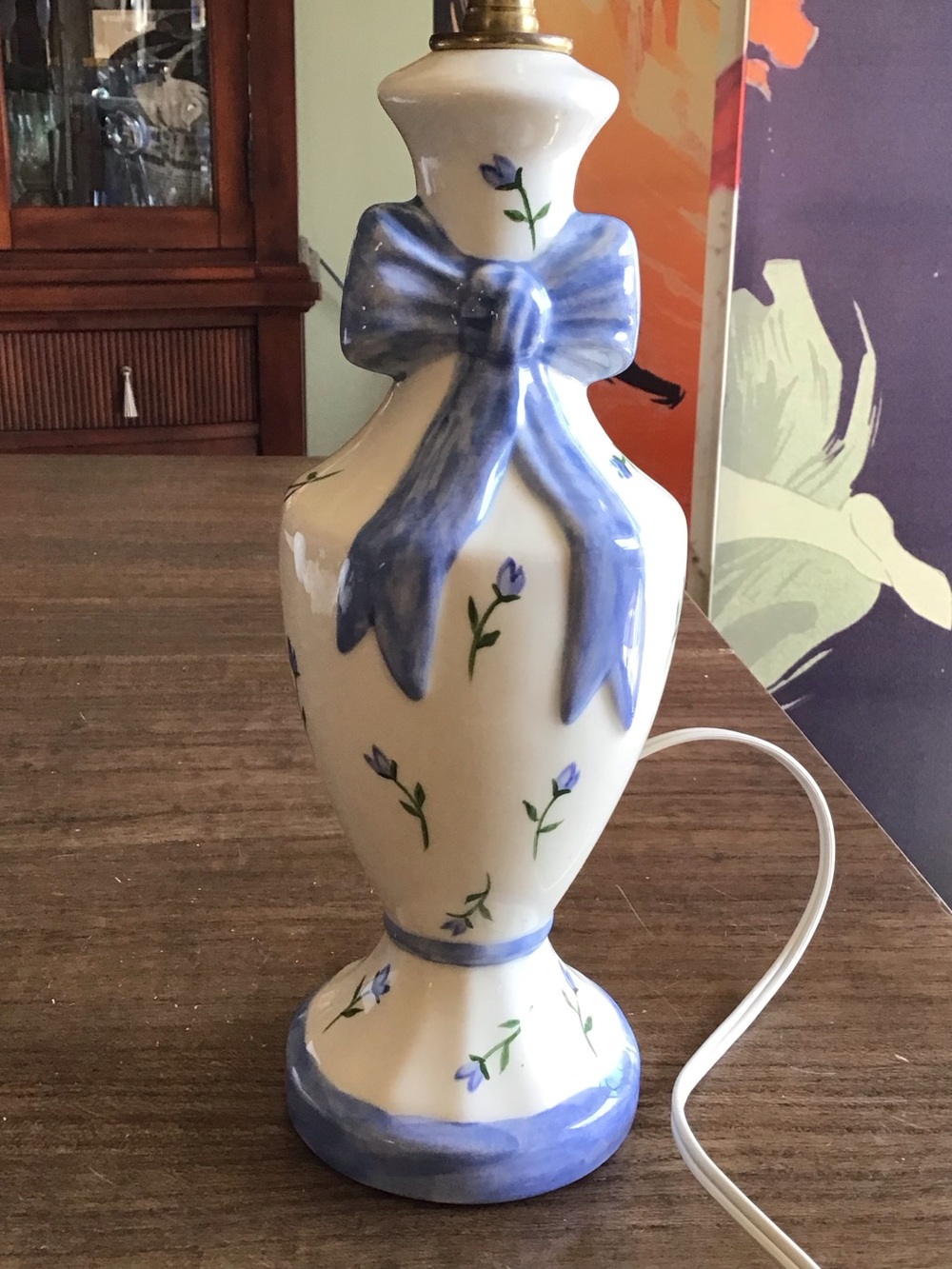 Vintage 13” Shabby Cottagecore Ceramic Blue Ribbon & Roses Ceramic Lamp